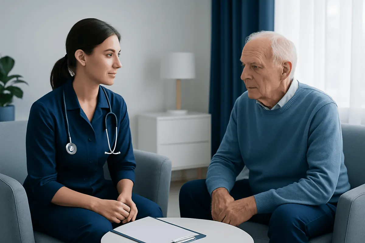 Nurse consulting with elderly patient in a care setting.