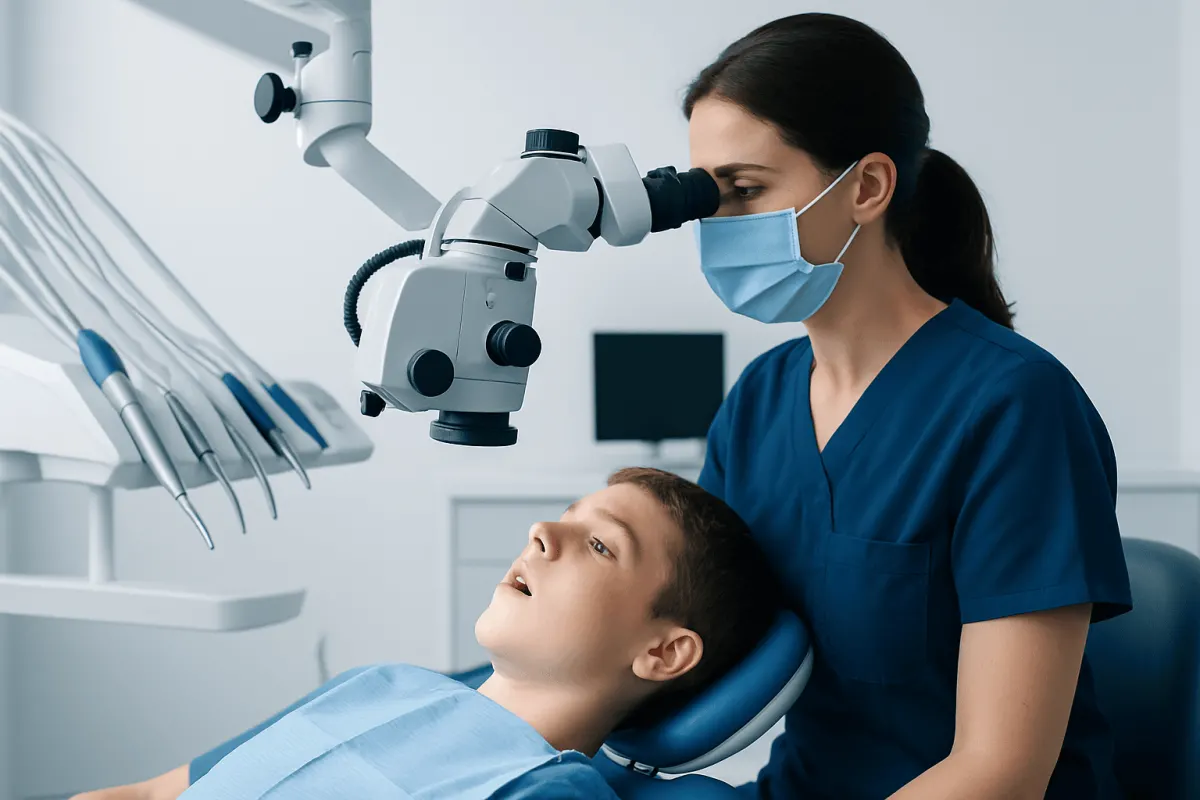 Dentist using microscope during dental examination on young patient.