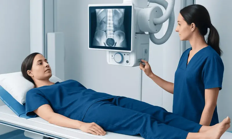 Medical professional reviewing X-ray of patient's abdomen in hospital setting.
