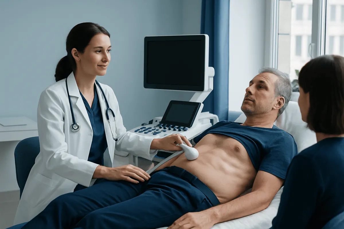 Doctor performing an echocardiogram on a male patient in a hospital room.