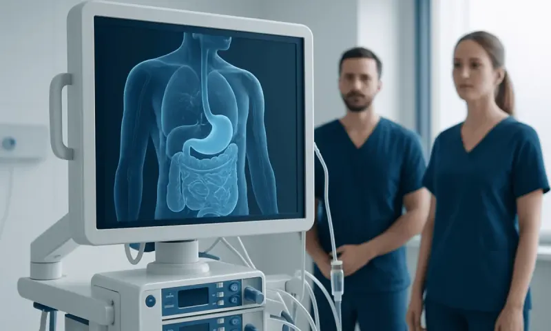 Medical professionals review a 3D scan of the human digestive system on a monitor.