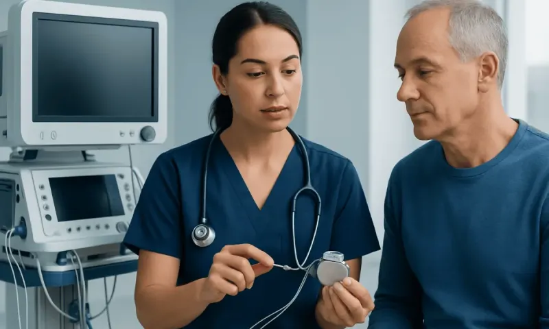 Healthcare professional explaining ICD device to patient in hospital setting.