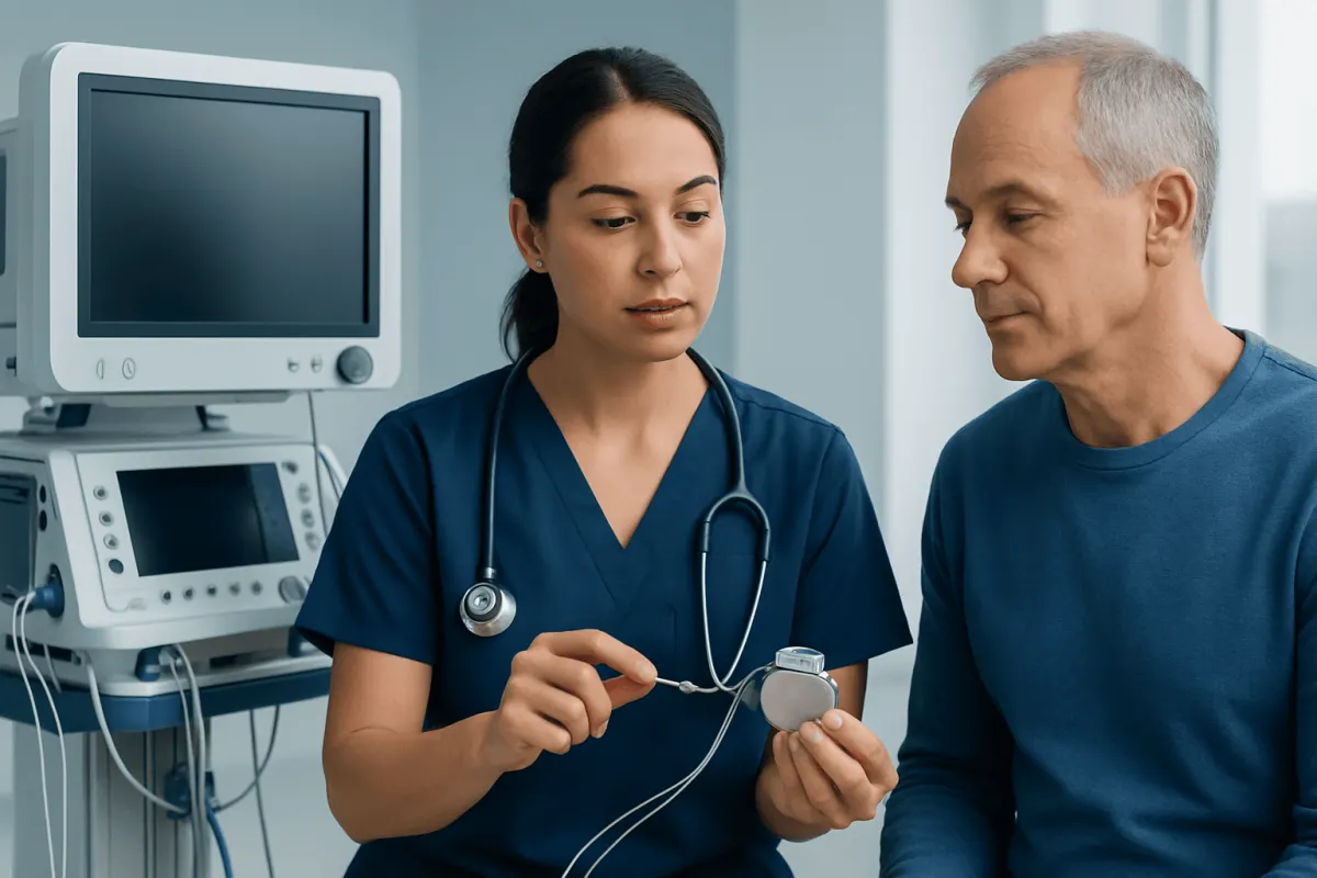 Healthcare professional explaining ICD device to patient in hospital setting.