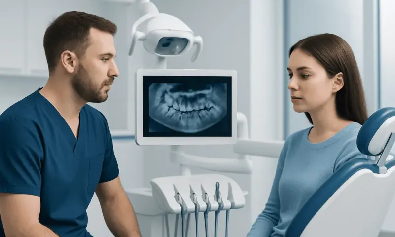 Dentist explaining impacted tooth X-ray to patient in dental clinic.