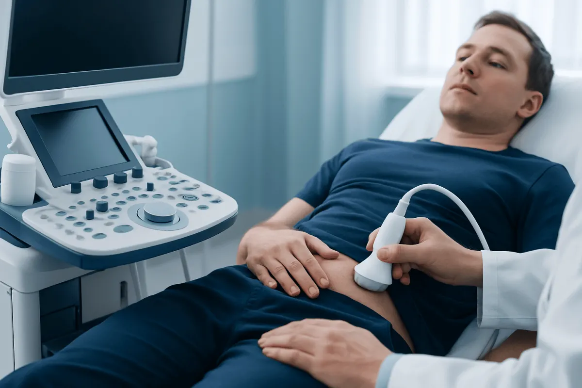 Patient undergoing abdominal ultrasound at Acibadem Hospital.