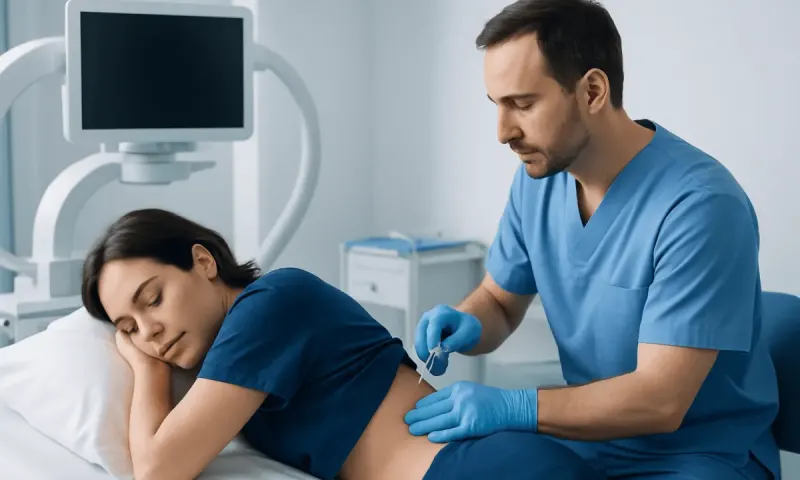 Doctor administering intrathecal injection to patient in hospital.