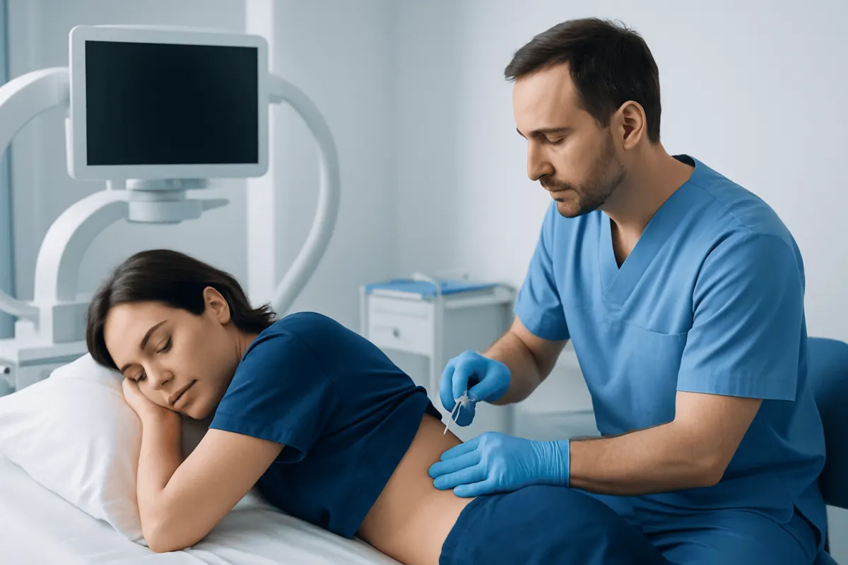 Doctor administering intrathecal injection to patient in hospital.