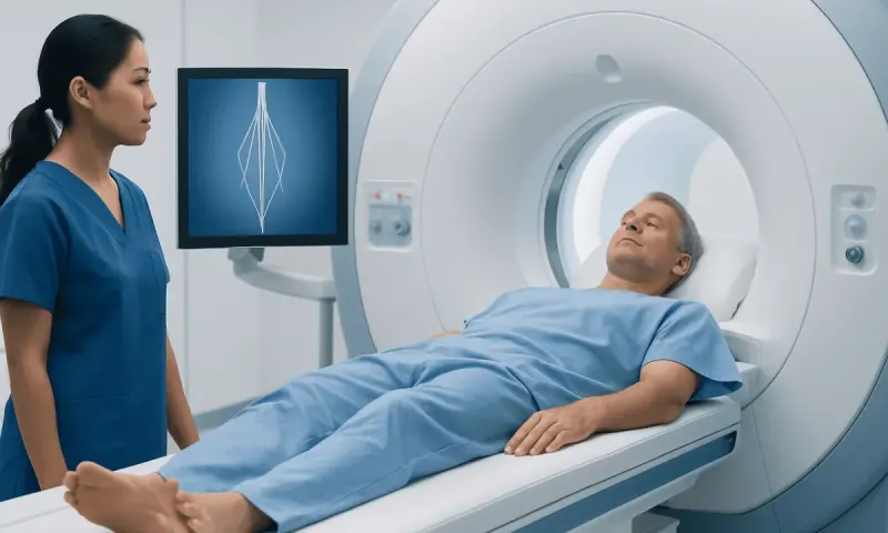 Patient undergoing MRI scan in a medical facility with technician present.