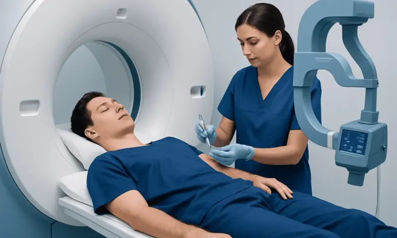 Patient undergoing MRI scan at Acibadem Hospital for joint imaging.