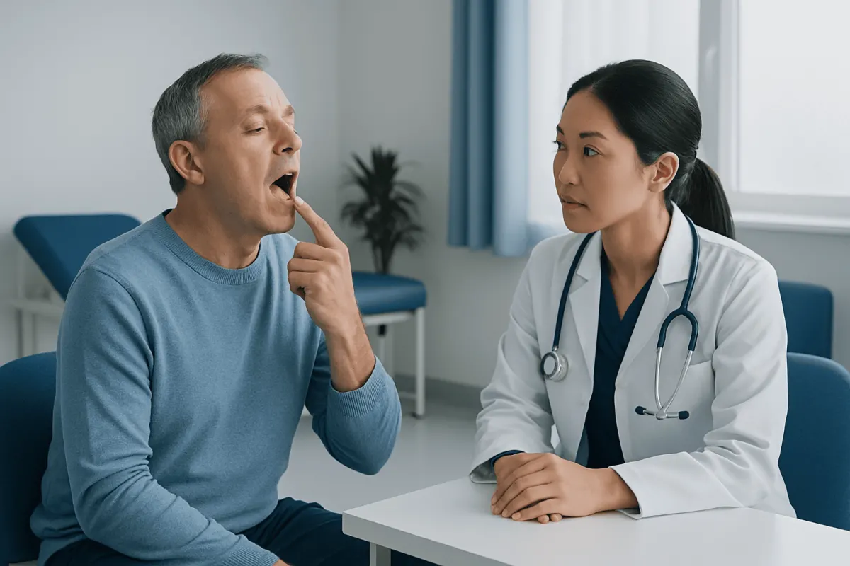 Doctor examines patient's throat during consultation at hospital.