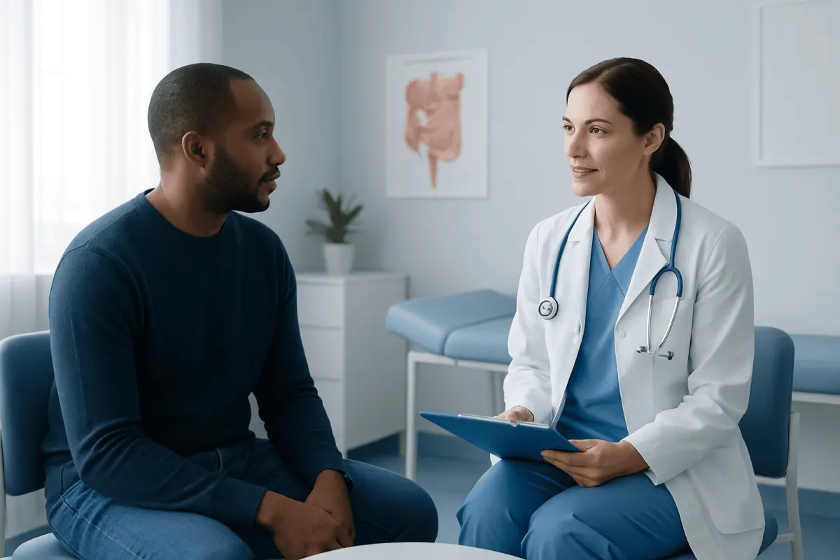 Doctor consulting with patient in a medical office setting.