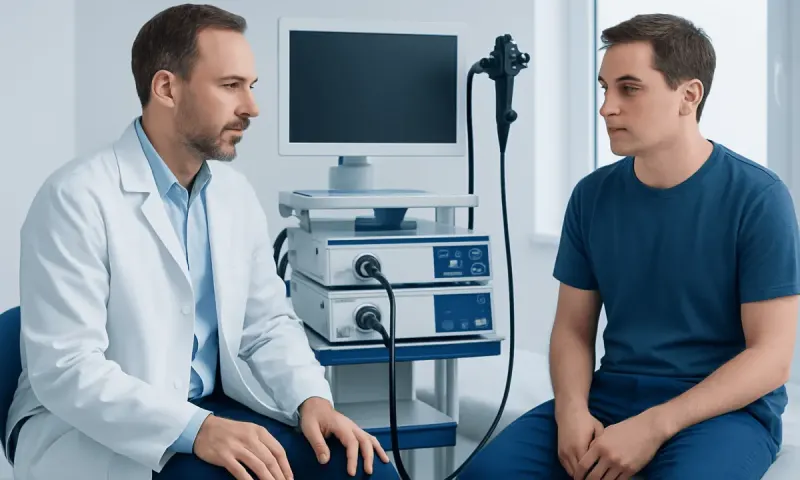 Doctor consulting with young male patient in a medical examination room.
