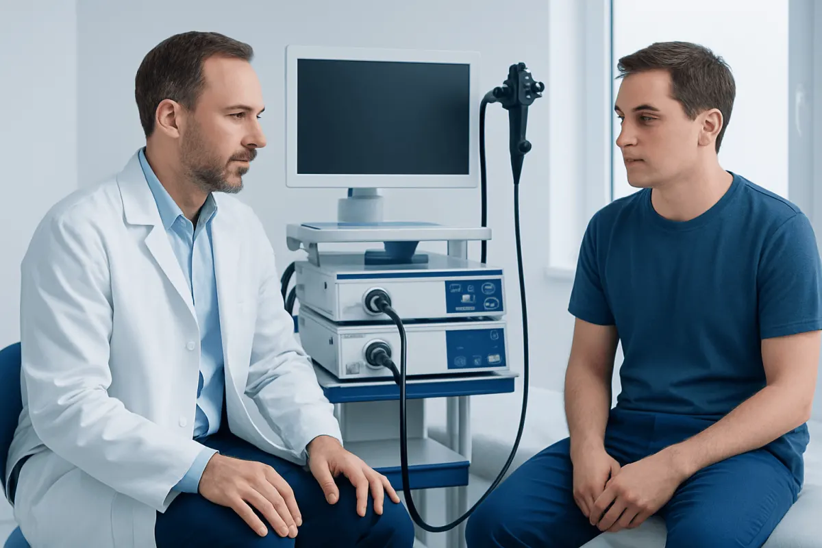 Doctor consulting with young male patient in a medical examination room.