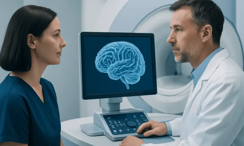 Medical professionals reviewing brain scan images in a hospital setting.