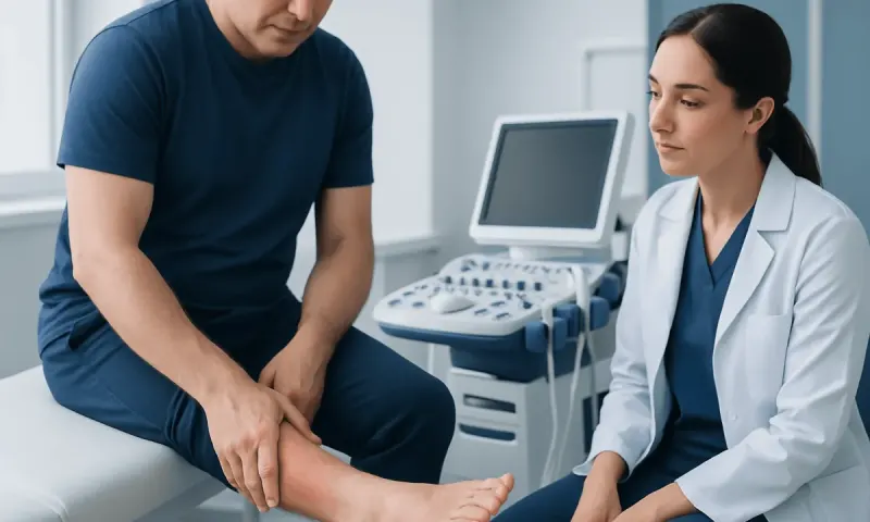 Doctor examining patient's ankle in a medical consultation room.