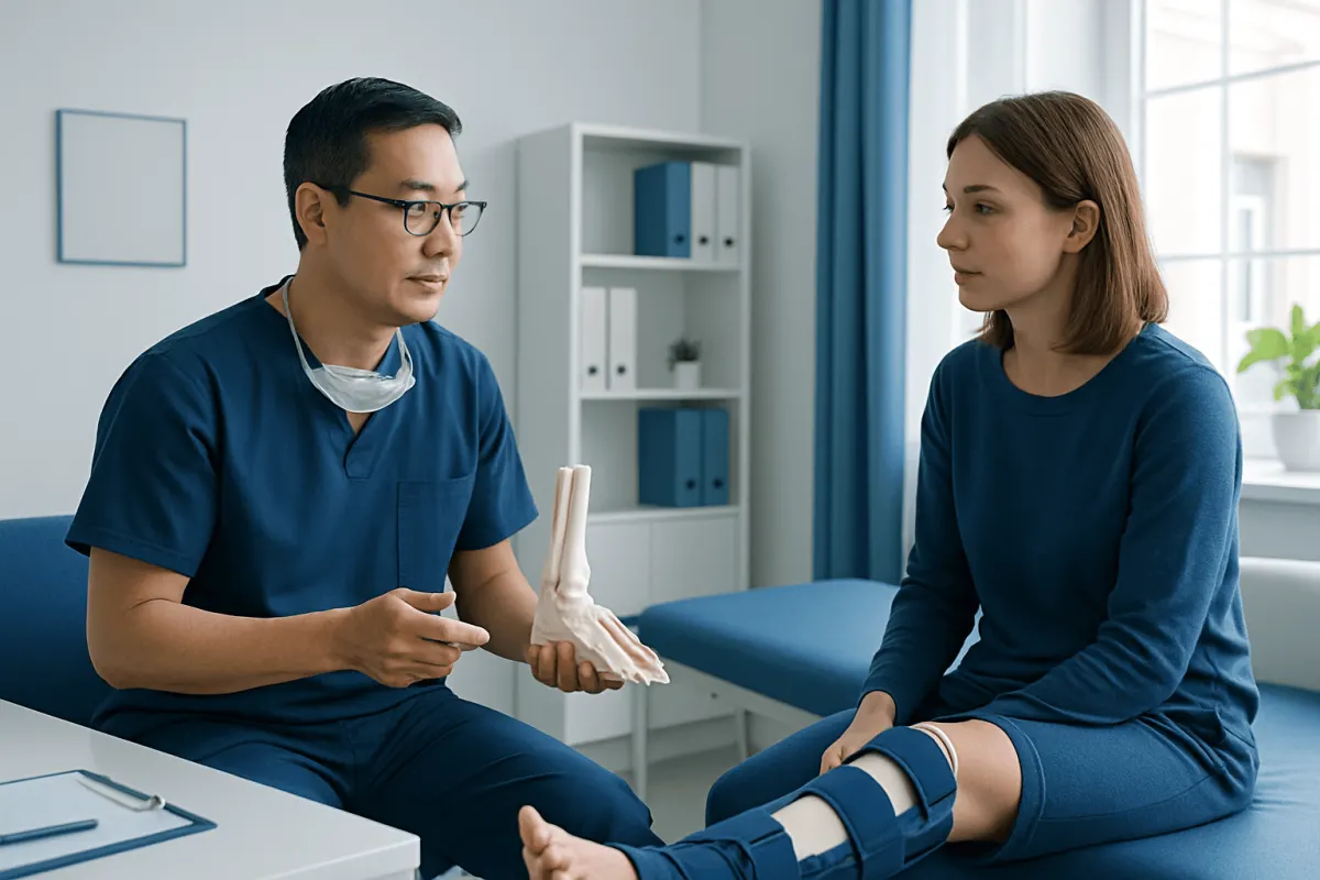 Orthopedic consultation with a doctor showing a foot model to a patient.