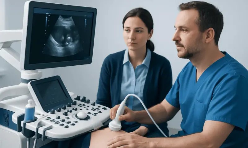 Medical professionals performing an ultrasound examination in a clinical setting.