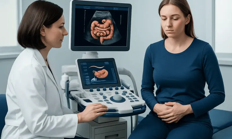 Doctor explains ultrasound scan of digestive system to patient in clinic.