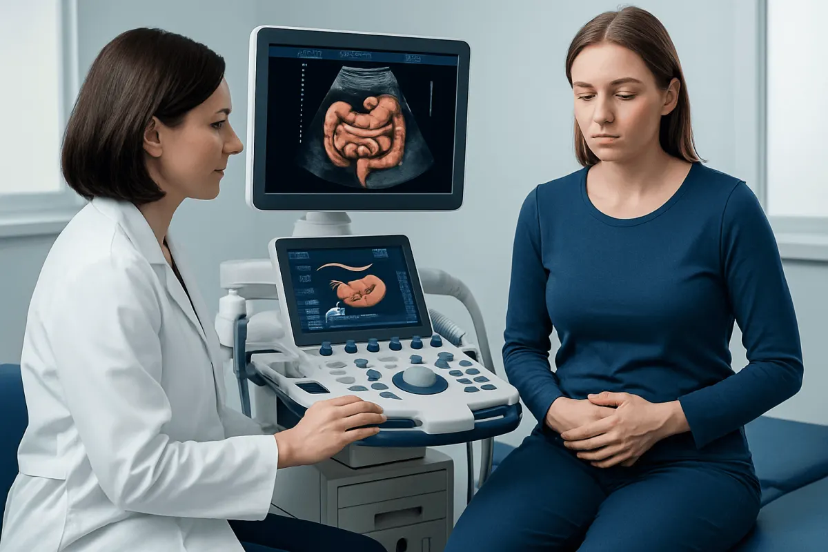 Doctor explains ultrasound scan of digestive system to patient in clinic.