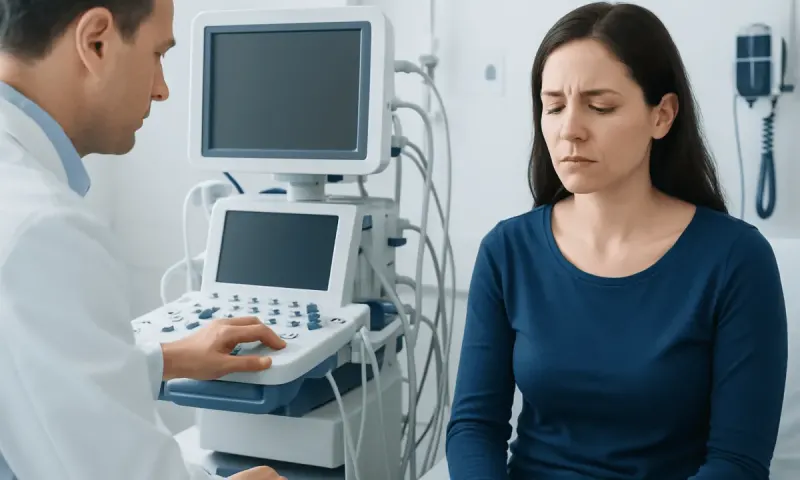 Doctor consulting a woman in a medical examination room with ultrasound equipment.