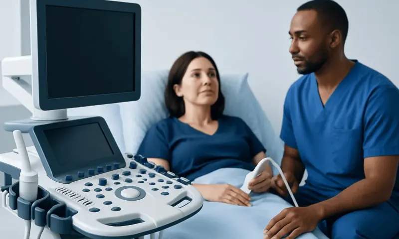 Medical professional performing ultrasound on patient in hospital room.