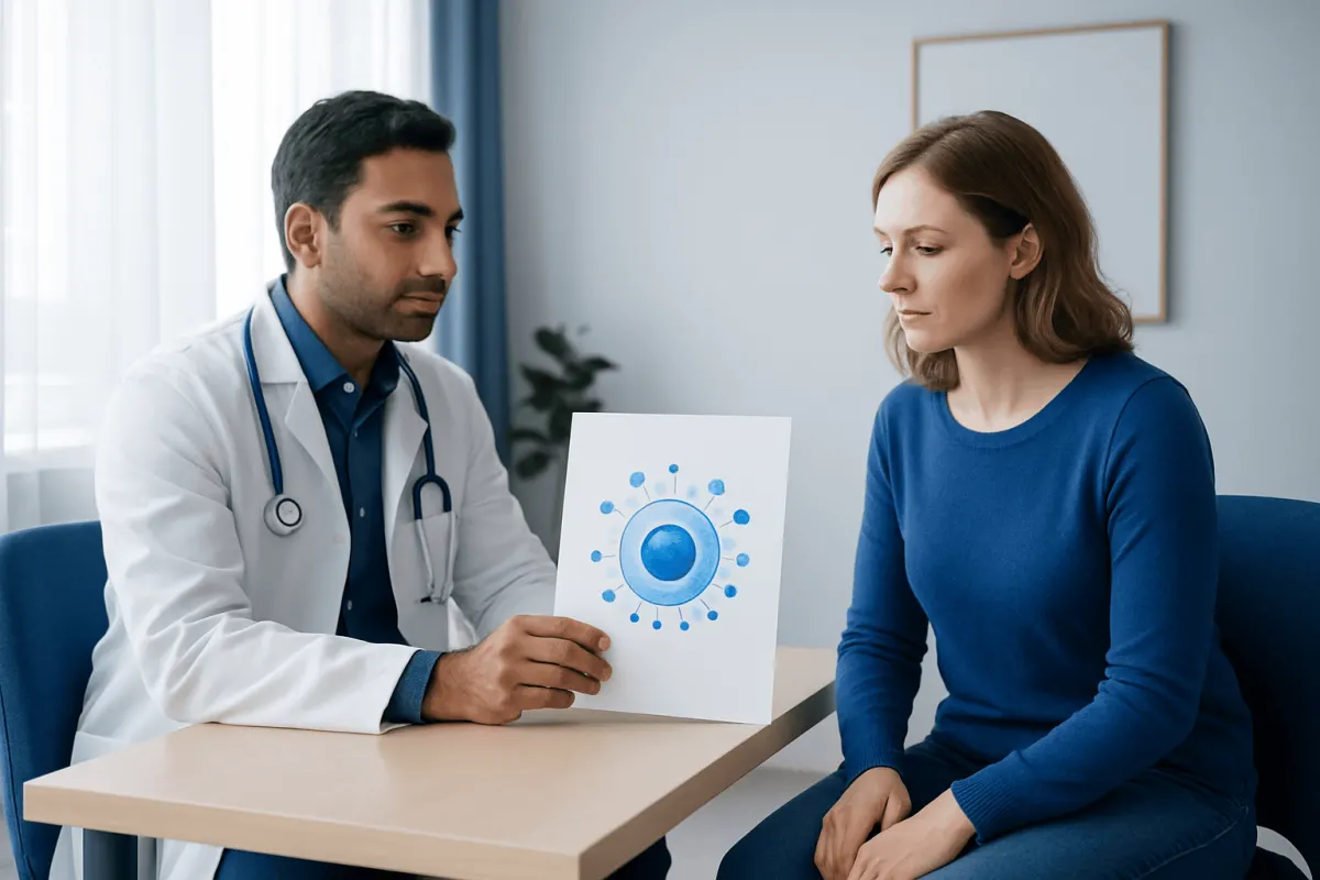 Doctor explaining stem cell therapy to a patient in a consultation room.