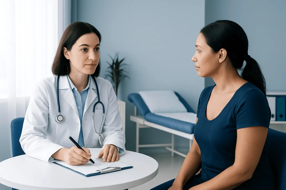 Doctor consulting patient in a medical office setting.