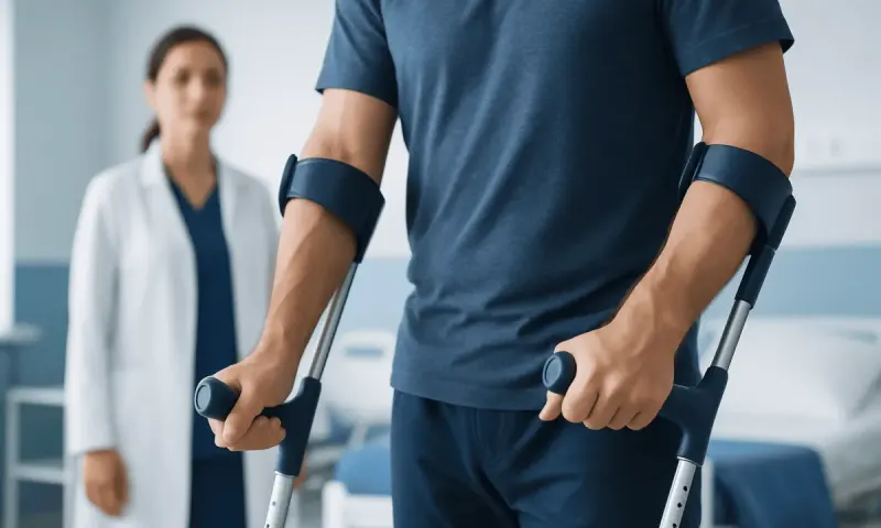 Patient using crutches with arm braces in a medical setting.