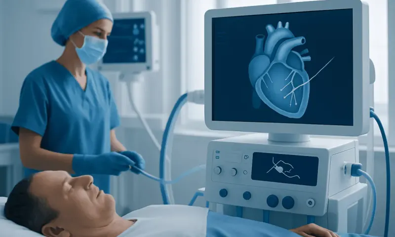 Cardiologist performing an echocardiogram on a patient in a hospital setting.