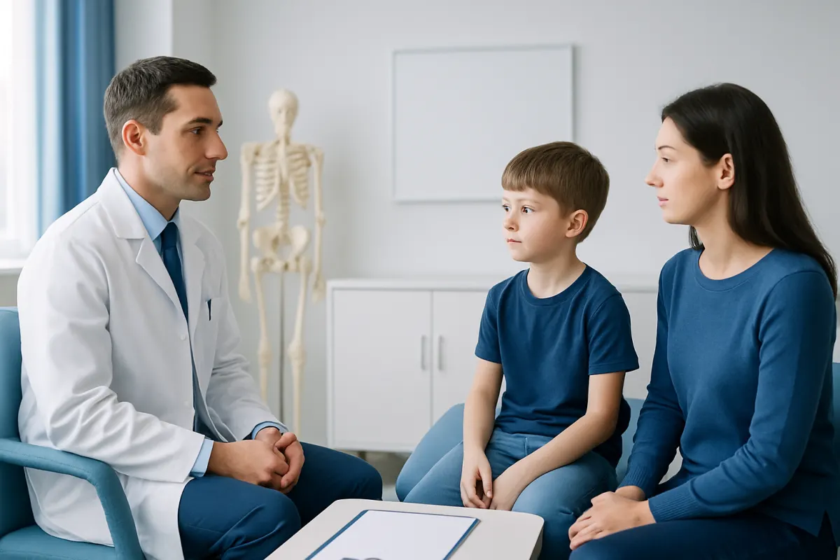 Pediatric orthopaedic consultation with doctor and young patient in clinic.