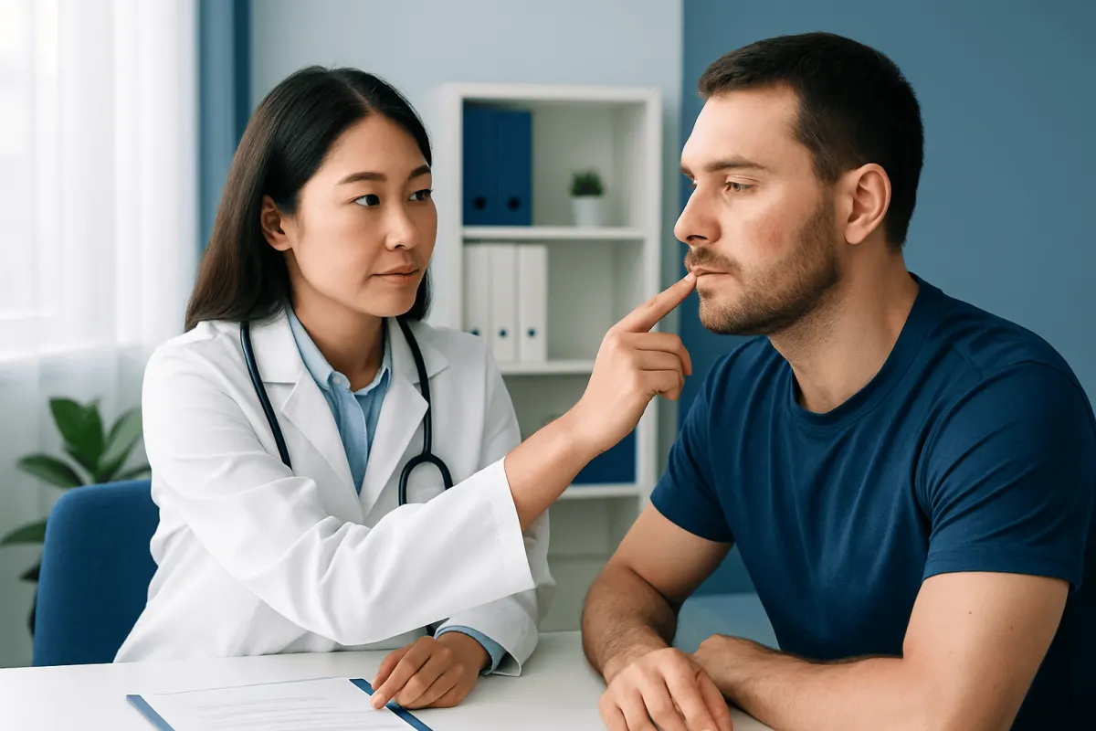 Doctor examining patient's face in a consultation room.