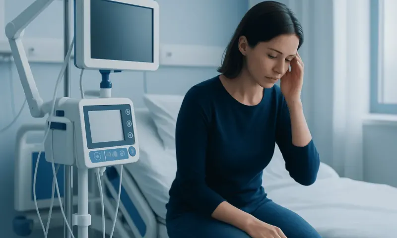 Woman in hospital bed experiencing headache or discomfort.