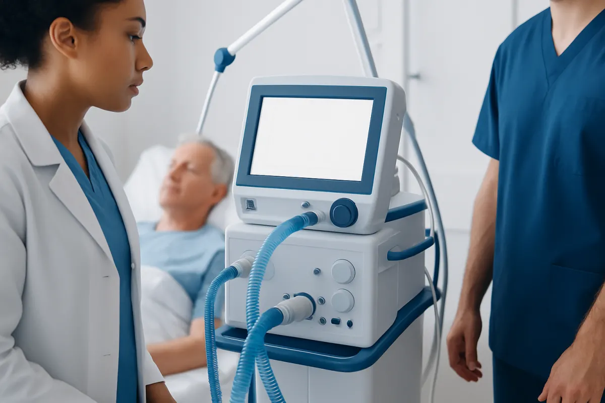 Medical professionals monitor patient using ventilator in hospital.