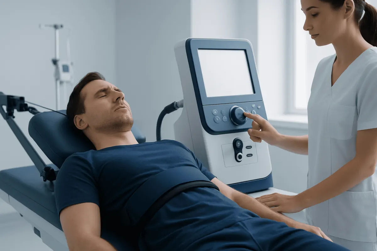 Patient undergoing back tension release therapy with medical equipment.