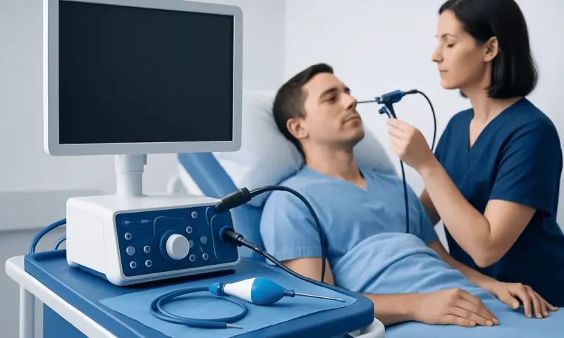Patient undergoing nasal endoscopy at Acibadem Hospital for sinus assessment.