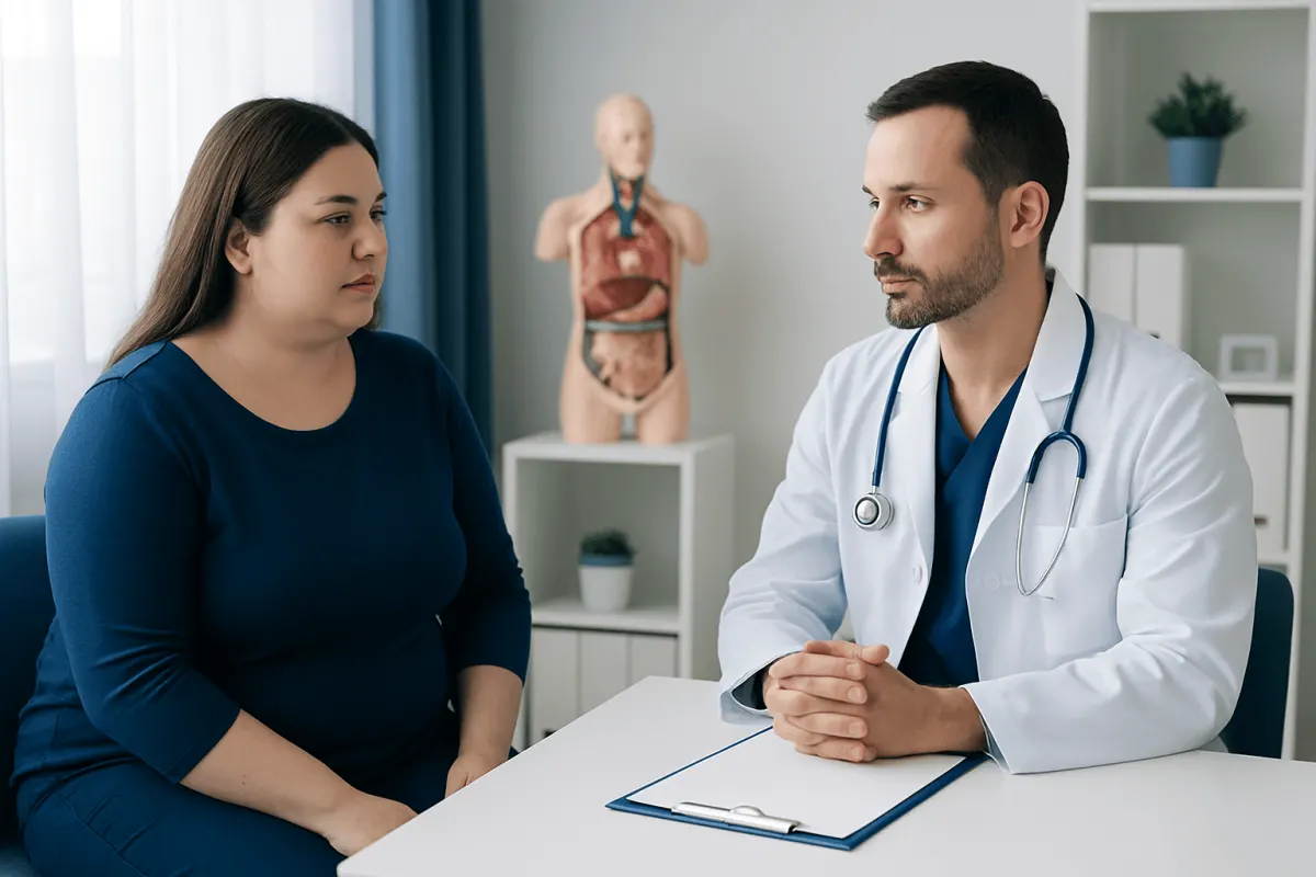 Bariatric patient consulting with a doctor in a medical office.