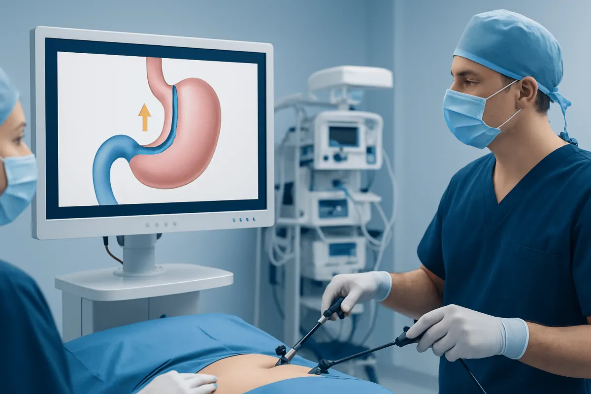 Gastric sleeve surgery being performed in a hospital setting.