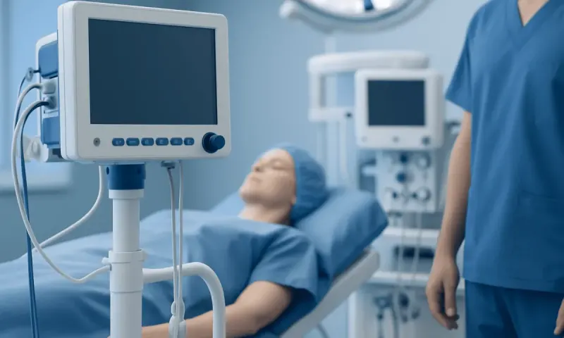 Hospital patient monitor in a medical setting with a patient on the bed.