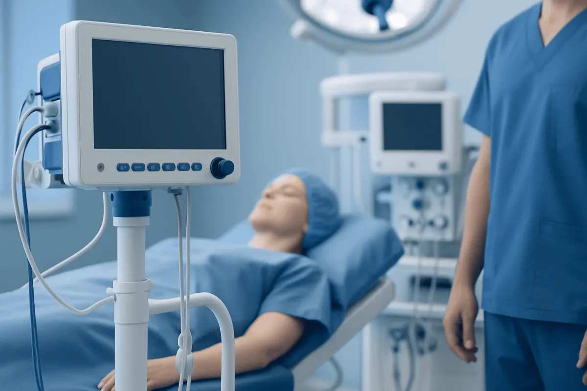 Hospital patient monitor in a medical setting with a patient on the bed.