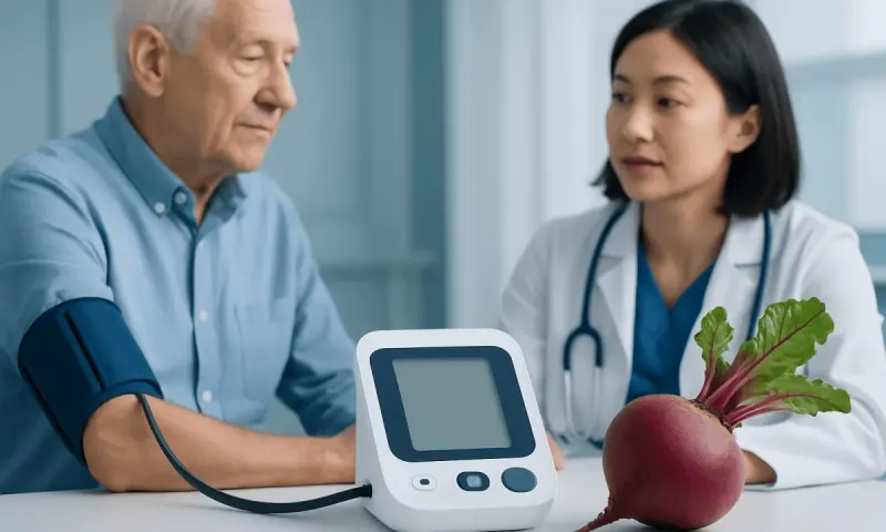 Doctor measuring blood pressure of elderly patient with beetroot nearby.