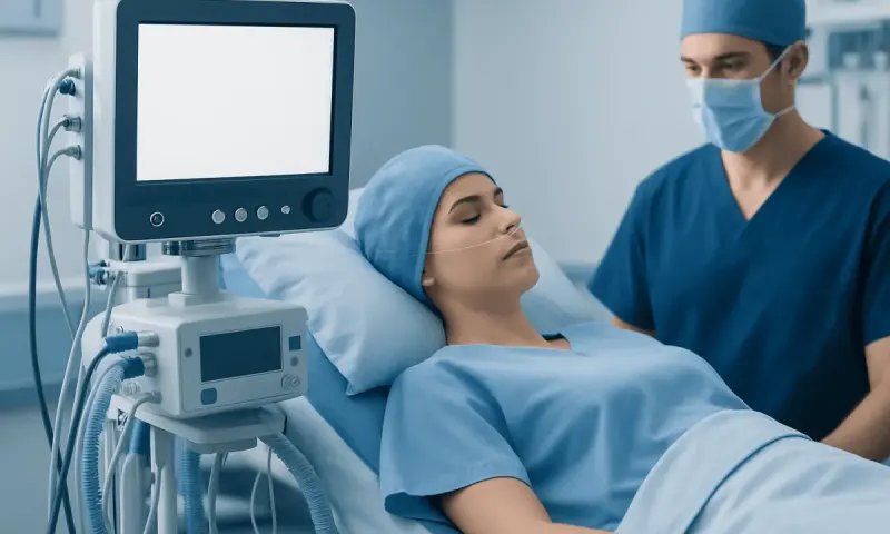 Patient in hospital bed with medical staff and monitoring equipment.