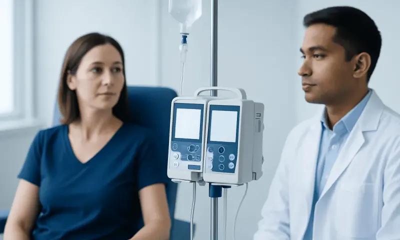 Doctor and patient in consultation with IV therapy in hospital.