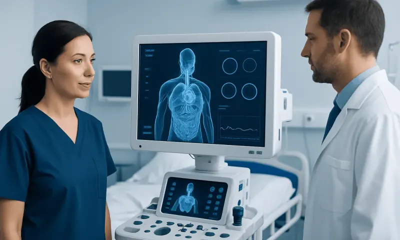 Medical professionals reviewing a 3D human body scan on a monitor.