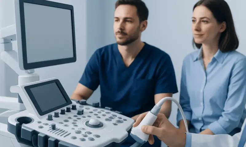 Medical professionals performing an ultrasound examination in a clinical setting.