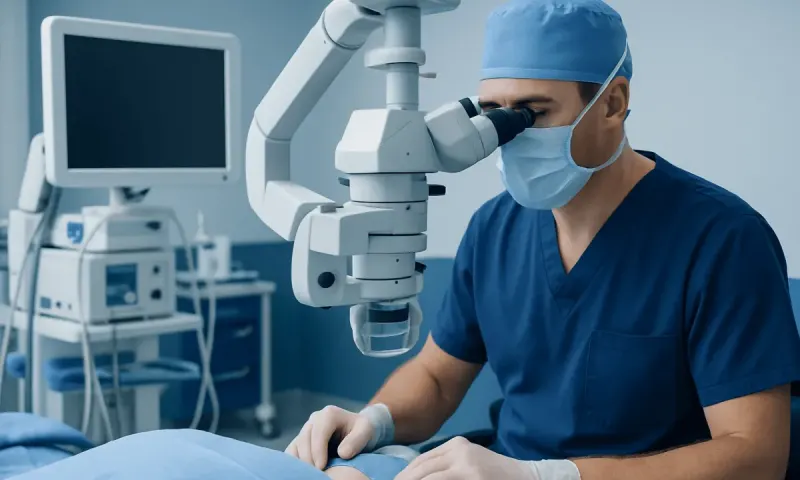 Surgeon performing eyelid surgery with advanced microscope equipment.