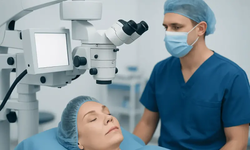 Ophthalmologist performing eye surgery with advanced microscope equipment.