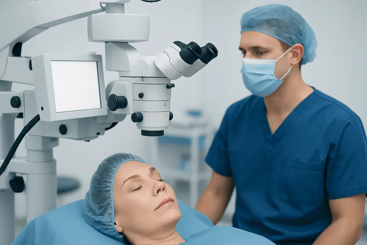 Ophthalmologist performing eye surgery with advanced microscope equipment.