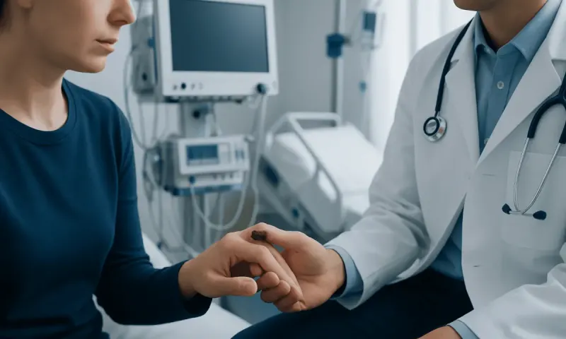 Doctor examining patient's finger with blood under nail in hospital setting.