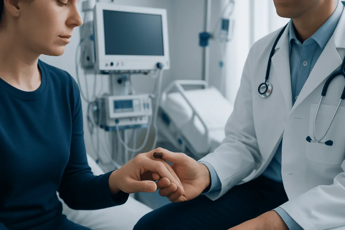 Doctor examining patient's finger with blood under nail in hospital setting.