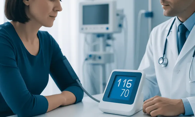 Medical professional measuring blood pressure of a woman in clinic.